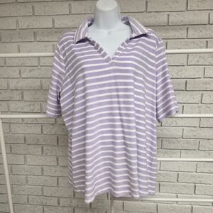 Lands’ End Purple White Striped Terrycloth Polo Shirt Women’s XL